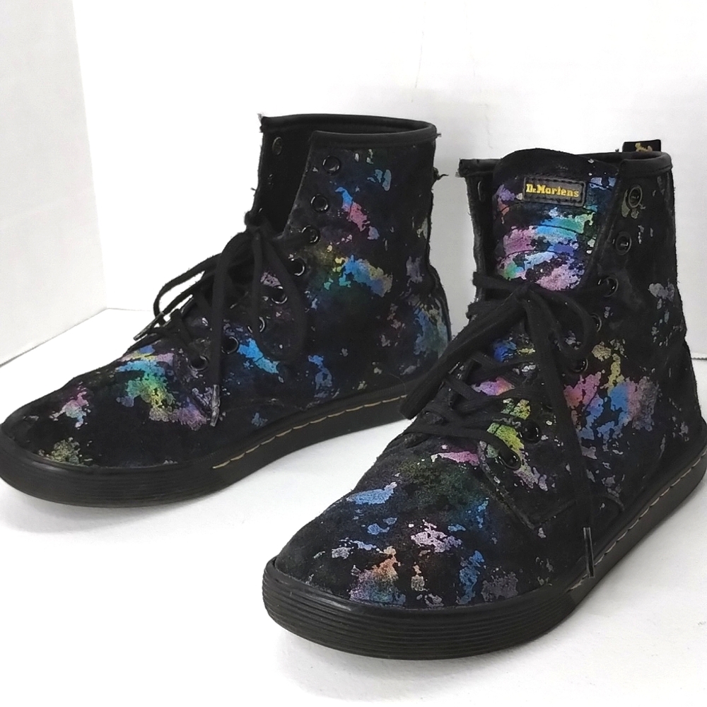 Dr. Martens Sheridan Rainbow Burst US Sz 7 Black Suede Splatter Sneaker Boots